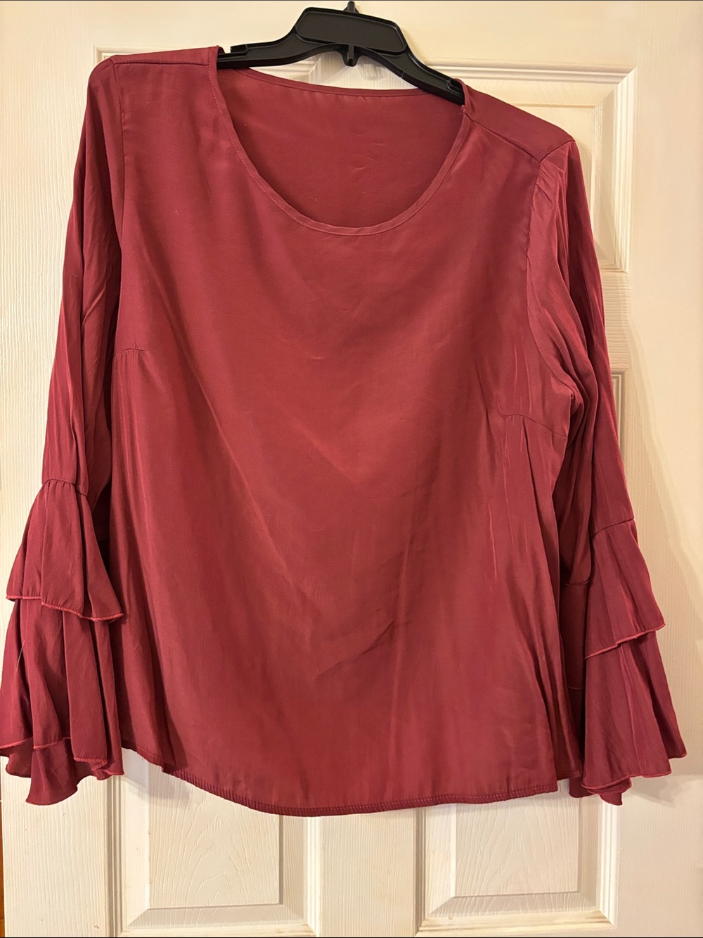 Womens Wine Red Ruffle Sleeve Blouse